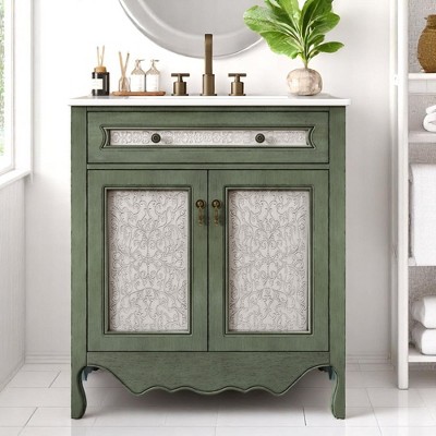Mshliw 30" Vintage Bathroom Vanity Cabinet with Rectangle Ceramic Sink, Tip-Out Drawer, Antique Handles & Solid Wood Legs