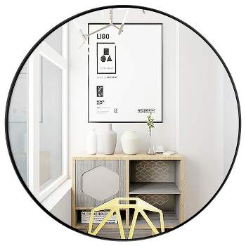 27.5''Modern Metal Wall-Mounted Round Mirror for Bathroom Entryway Black