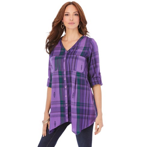 Roaman's Women's Plus Size Soft Plaid Button-up Big Shirt, 30 W - Purple  Medallion Plaid : Target