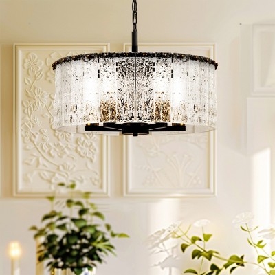 DORESshop 5-Light Black and Gold Drum Pendant Chandelier Adjustable Height Lighting for Living Room