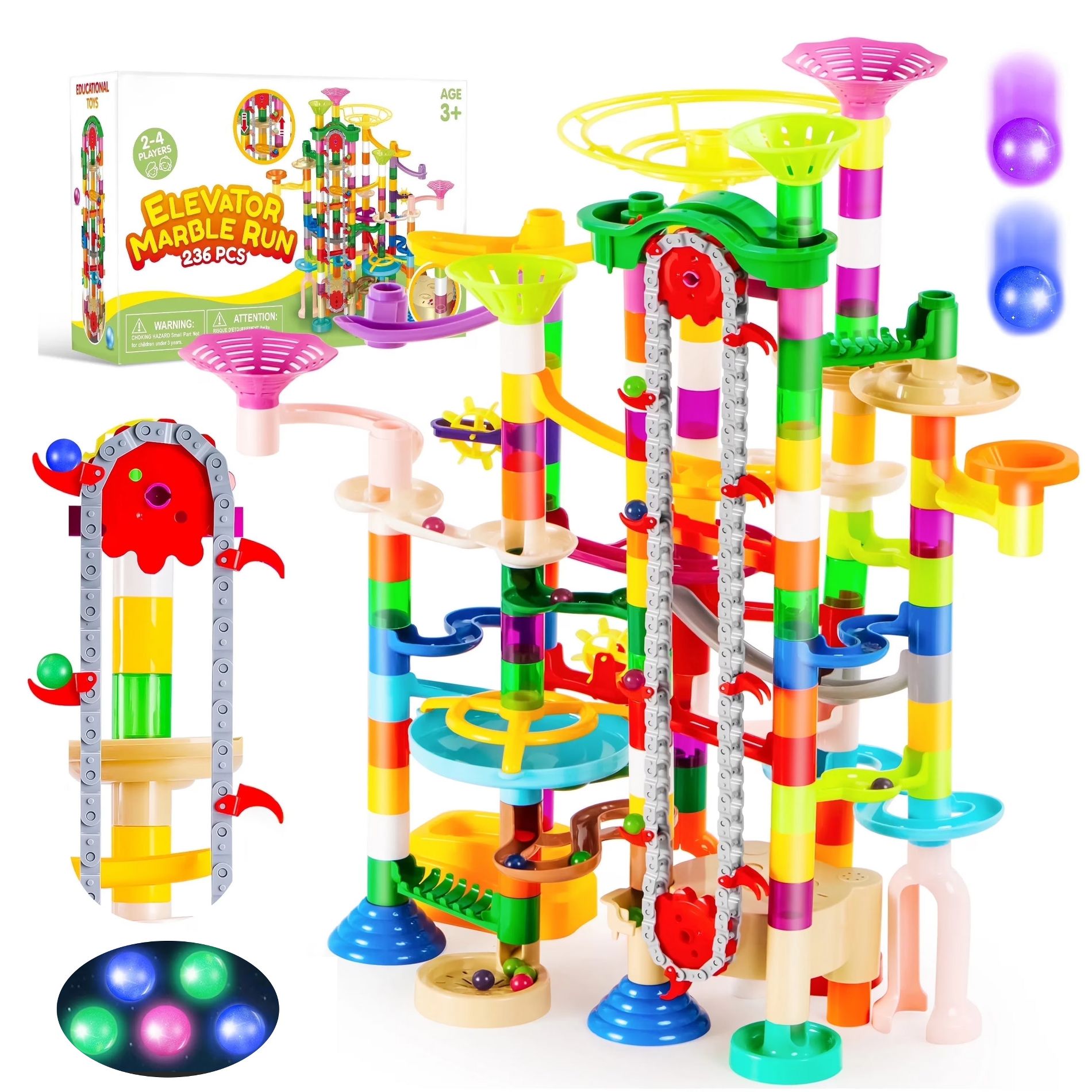236Pcs Toddler Kid Glowing Marble Run with Motorized Elevator 30pcs Glow in The Dark Plastic Marbles Christmas Gifts Toys for 3 4 5 6 Year Old Kids