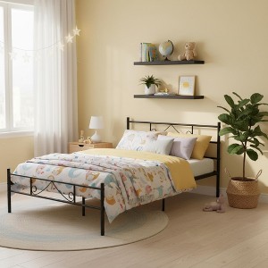 FurnitureR Metal Full Bed Frame with Headboard + 2 Floating Wall Shelves, Sturdy Steel Platform Bed Set with Storage Space, No Box Spring Needed - 1 of 4