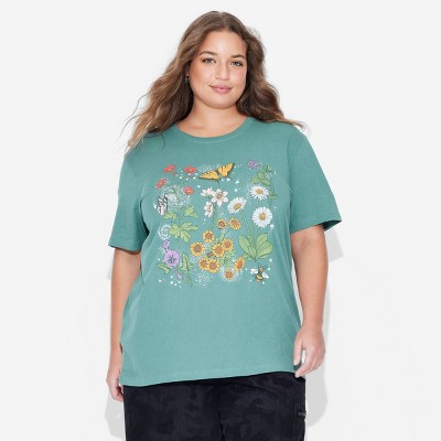 Women's Colorful Floral Short Sleeve Graphic T-Shirt - Green