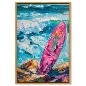 Art Remedy Pink Surfboard on the Beach Colorful Coastal Wall Art Framed - 1 of 4