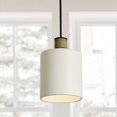 Dark Pewter and Soft White Ceramic Pendant Light with Jute Accent