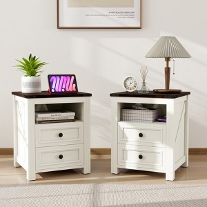 MUUEGM 18" Farmhouse Nightstand| Rustic Wooden End Table with 2 Drawers and Charging Station - 1 of 4