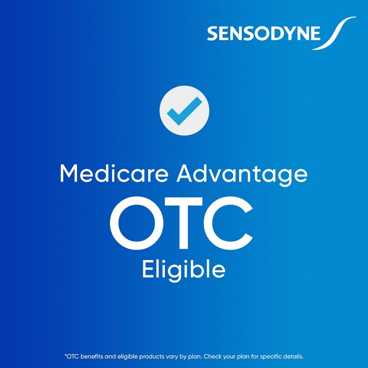 Blue background with the text "SENSODYNE," a checkmark, and "Medicare Advantage OTC Eligible" written in white.