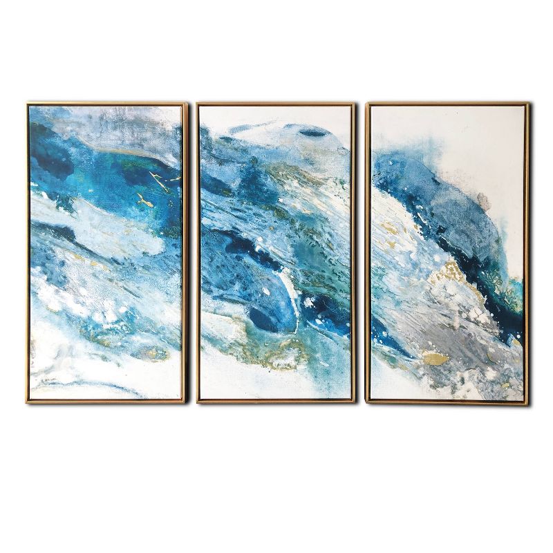 48&#34; x 30&#34; Abstract Regalite Triptych Floating Framed Wall Canvas Teal Blue - Gallery 57, 1 of 7