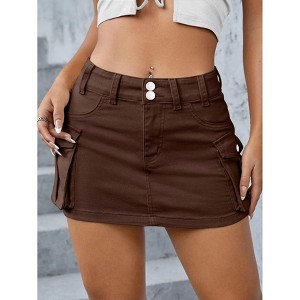 Mocamel Cargo Skirt Cotton Elastic High Waist A-Line Short Mini Skirt with Pockets - 1 of 2
