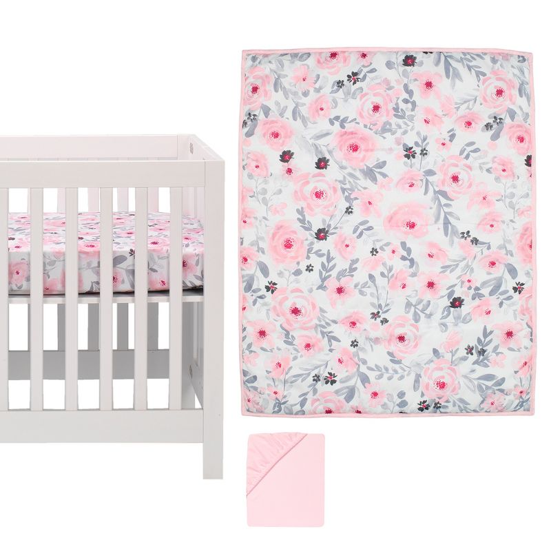 Bedtime Originals Blossom Pink Watercolor Floral 3-Piece Mini Crib Bedding Set, 1 of 8