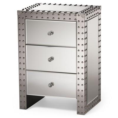 Azura Silver Mirrored 3-Drawer Nightstand with Nailhead Trim