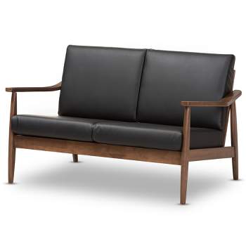 Venza Mid-Modern Walnut Wood Faux Leather 2 Seater Loveseat Black - Baxton Studio