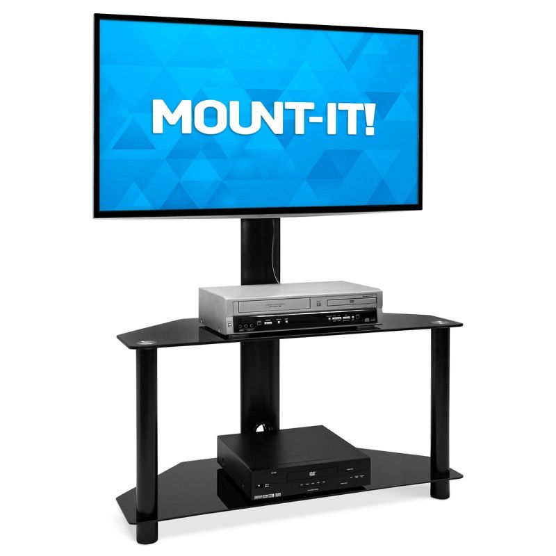Mount-It! Height Adjustable Floor TV Stand with Mount and Tempered Glass Shelves for Storage, Entertainment Center with TV Mount, Fits 32 - 55 in., 1 of 9