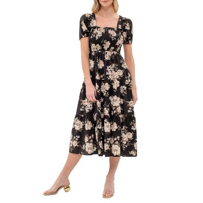 August Sky Women's Smocked Floral Puff Sleeves Midi Dress