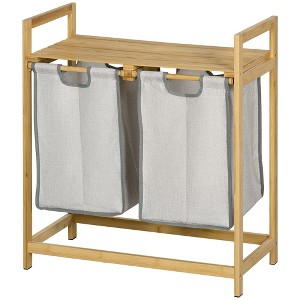 Munora Double Bamboo Laundry Hamper - 25.2"L x 13"W x 28.7"H with Shelf & 2 Removable Bags, Natural Wood/Dark Gray - 1 of 4