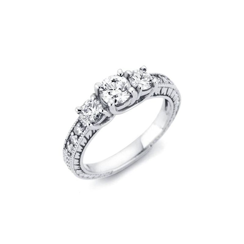 Pompeii3 1/3ct Vintage Three Stone Round Diamond Engagement Ring 14K White Gold, 1 of 4