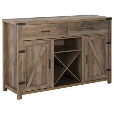 HOMCOM Wooden Farmhouse Sideboard Storage Buffet Cabinet with 2 Large Drawers X-Shaped Wine Rack and Cabinets Grey