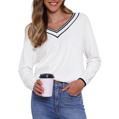 Allegra K V Neck Striped Long Sleeve Soft Stretchy Knit Fabric Pullover Sweater