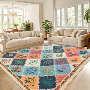 Nasitip Low Pile Botanical Floral Area Rug:Geometry-Stripe,Easy-Clean, Skid-Resistant Washable Carpet for Living Room, Bedroom - 1 of 4