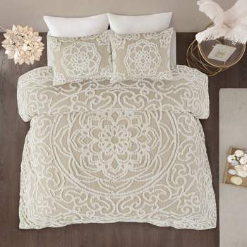 3pc Full/Queen Cecily Tufted Cotton Chenille Medallion Duvet Cover Set - Taupe
