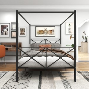 TiramisuBest Metal Canopy Bed Frame,Platform Bed Frame Queen with X Shaped Frame,Queen,Black - 1 of 4