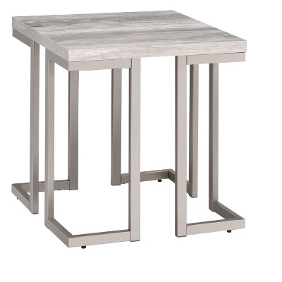 Vynxaria Contemporary End Table - Grey Driftwood Top, Pewter Base, Geometric Design