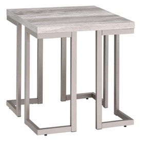 Vynxaria Contemporary End Table - Grey Driftwood Top, Pewter Base, Geometric Design - 1 of 4