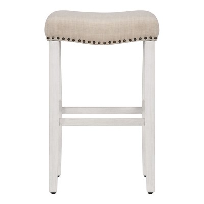 29" Beige Linen Upholstered Wooden Saddle Barstool