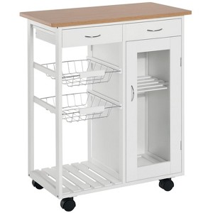 HOMCOM 28" Rolling Kitchen Trolley Serving Cart Storage Cabinet Bamboo Top with Wire Basket & Door Cabinet & Drawers, White - 1 of 4