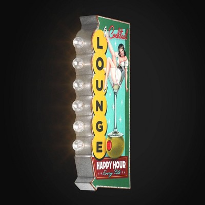 Vintage Metal LED Cocktail Lounge Happy Hour Sign with Galvanized Finish