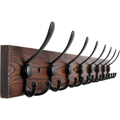 LunaLulinlk 32.2-in Large Wall Mounted Clothes Hook Hanger With 8 Metal Black Three Hooks, Brown Pine Solid Wood Board Hat Rack