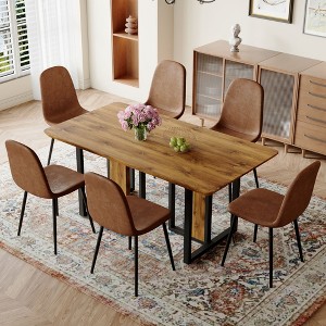 NicBex Dining Table Set for 6 Kitchen Table Wood-Textured MDF Dining Table Set with 6 Brown Suede Chairs for Dining Room - 1 of 4