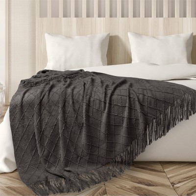 Charcoal Gray Knitted Fringe Throw Blanket for Couch