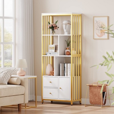 Gold Bookshelf Modern Bookcase with Drawers Storage Rack Shelf Tall Standing Bookshelves