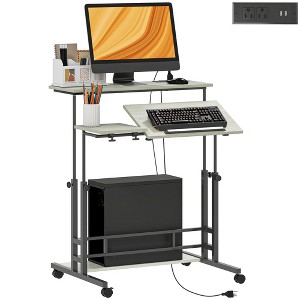 HOMCOM Standing Desk with Power Outlets, Height Adjustable Stand Up Desk with Tiltable Tabletop, Lockable Wheels, Shelf, for Home Office, Oak - 1 of 4