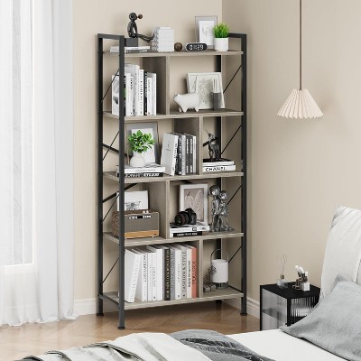 Homhougo 5 Tier Bookshelf with Storage, 61 Inch Tall Industrial Book Shelf with Open Display Bookshelves, 5 Shelf Bookcase with Metal Frame, Gray