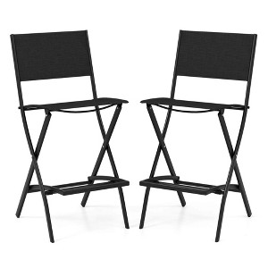 Costway Set of 2 Outdoor Bar Chair Folding Bar Height Stool with Metal Frame Blue/Coffee - 1 of 4