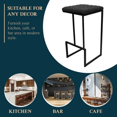Charcoal Black Quilted Leather Bar Stool with Metal Frame
