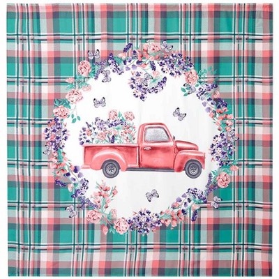 Floral Plaid Polyester Shower Curtain with Red Truck Design