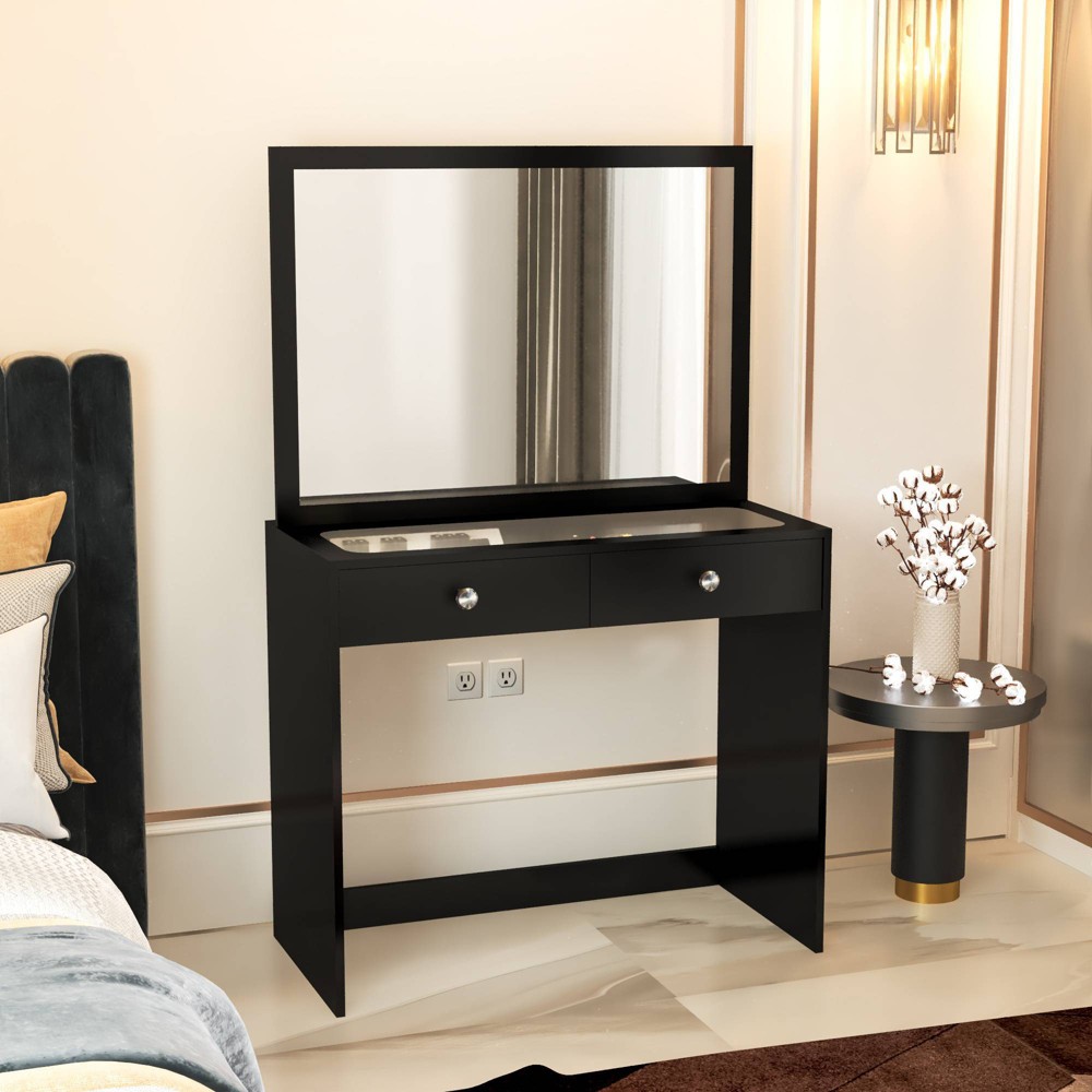 Clara Makeup Vanity Black - Boahaus: Unlit Mirror, Wood Laminate, Adult Assembly Required