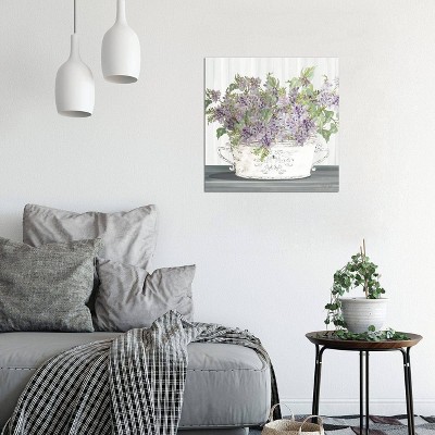 Lilac Galvanized Pot Floral Canvas Print in White Frame