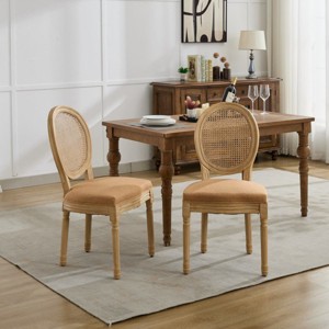 French Country Rattan Back Dining Chairs Set of 2 with Linen Seat and Carved Wood Frame for Dining Room-Cuddlewood - 1 of 4