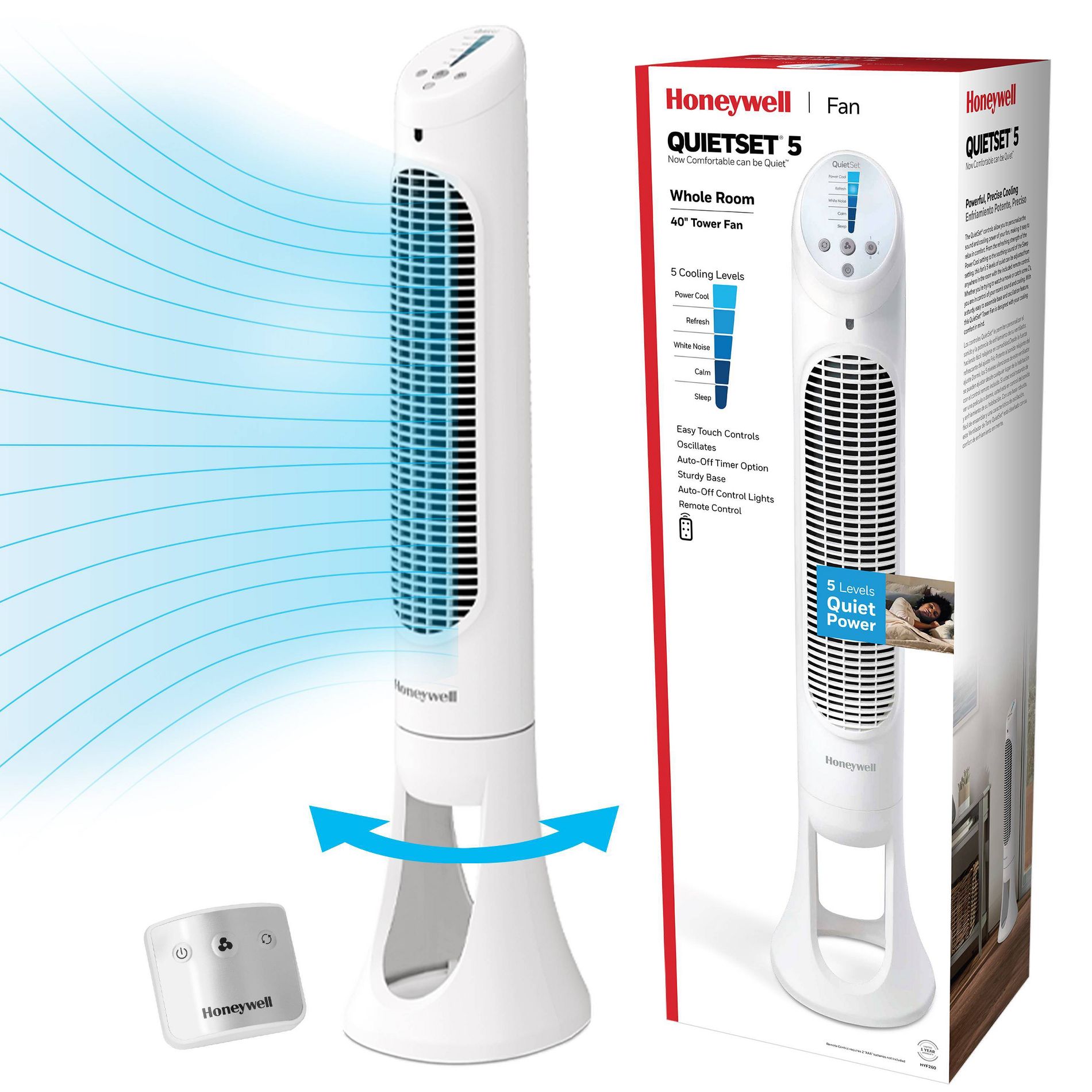 Honeywell QuietSet 5 Speed Oscillating Tower Fan White HYF260W: Standing Floor Fan, Quiet Cooling, Programmable Timer