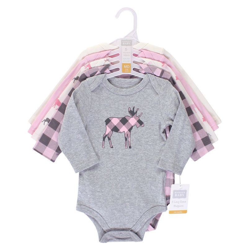 Hudson Baby Infant Girl Cotton Long-Sleeve Bodysuits 5pk, Pink Moose, 3 of 4