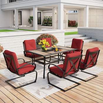 7pc Patio Dining Set with Rectangular Table with Umbrella Hole & Spring Motion Chairs - Burgundy - Captiva Designs