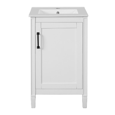 Vynxaria 20-Inch White Bathroom Vanity - Ceramic Sink, Soft-Close Door, Adjustable U-Shelf - Modern Freestanding for Small Bathrooms