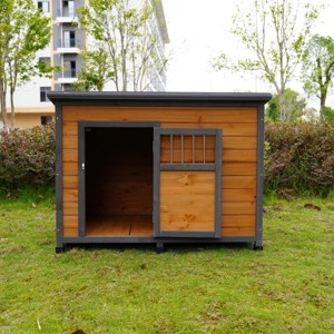 LAOTIES 45" Outdoor Wooden Dog House,Waterproof Roof, Raised Floor,Ventilated with Lockable Door,Extra Large Pet Shelter - 1 of 4