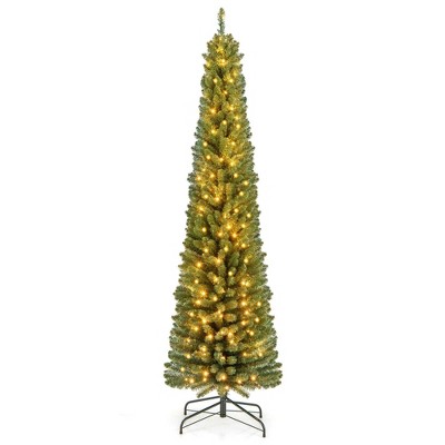 Costway 5/6/7/8 FT Pencil Christmas Tree with 295/392/523/671 Memory Wire Branch Tips 110/140/190/250 LED Lights for Home