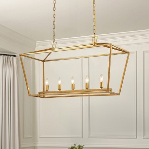 ALOADECOR  Modern Industrial Matte Gold Linear Lantern Geometric Chandelier Rectangle Cage Light For Kitchen Island - 1 of 4