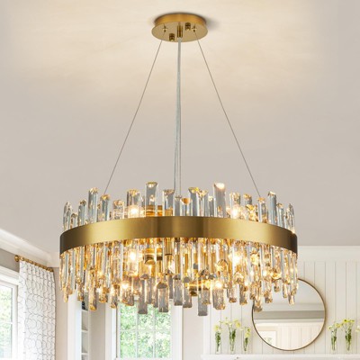 Ludomide Modern Crystal Chandelier, 12-Light Brushed Gold 2-Tiers Crystal Raindrop Chandelier